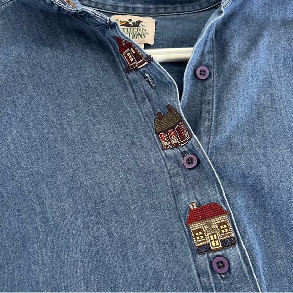 Vintage Northern Reflections Embroidered Denim Shirt-Cottagecore Cabin Houses - Picture 13 of 15